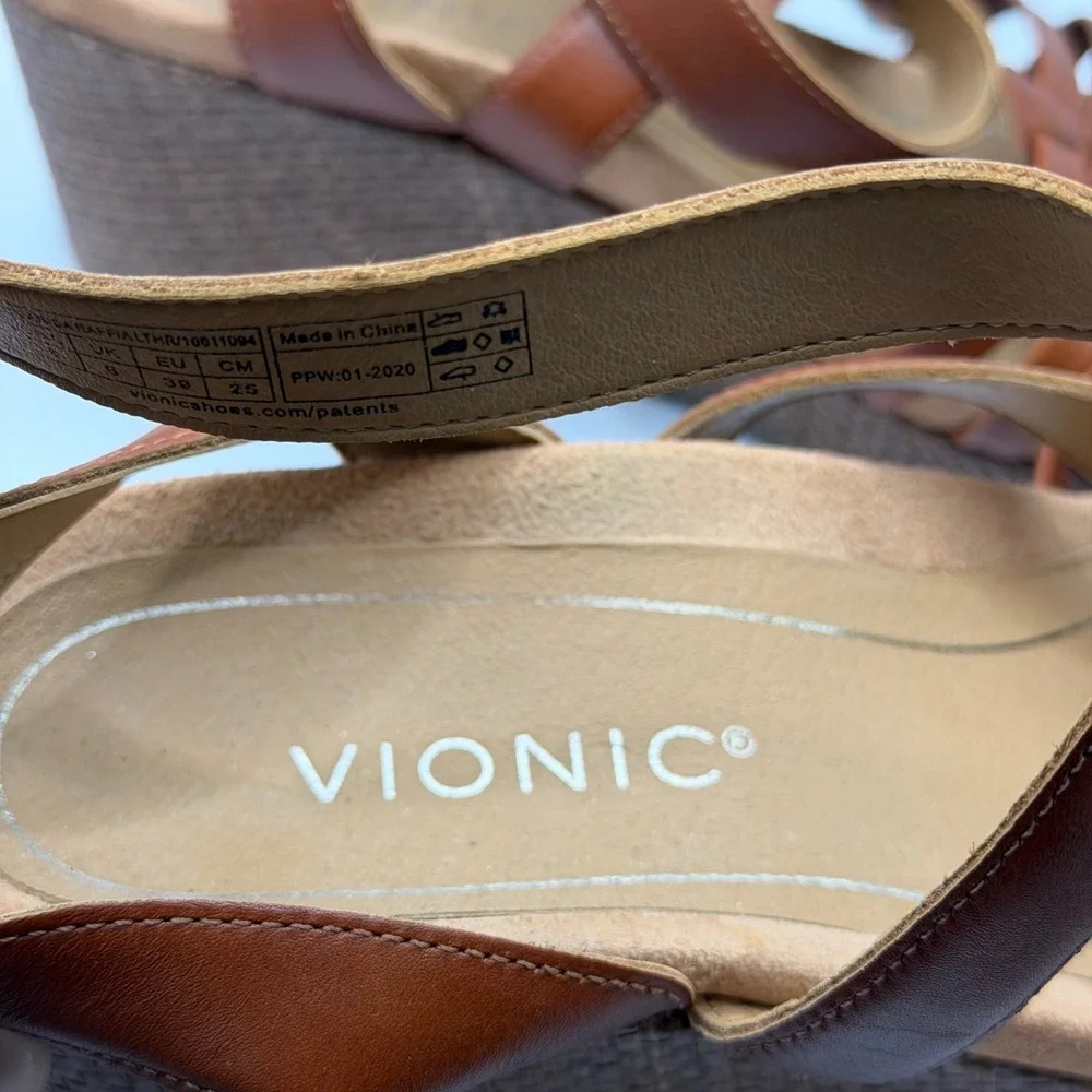 Vionic Clarisa Tan Leather Raffia Wedge Sandals Strappy Platform Brown 8